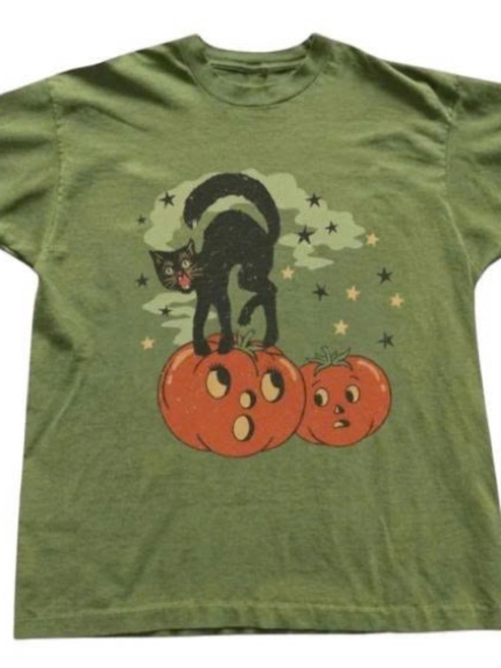 Gildan Olive Green Halloween Cat & Pumpkin Graphic Tee